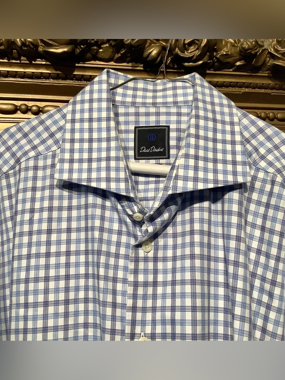 David Donahue Men's 18 34/35 Trim Fit Blue/White Checked Dress Shirt